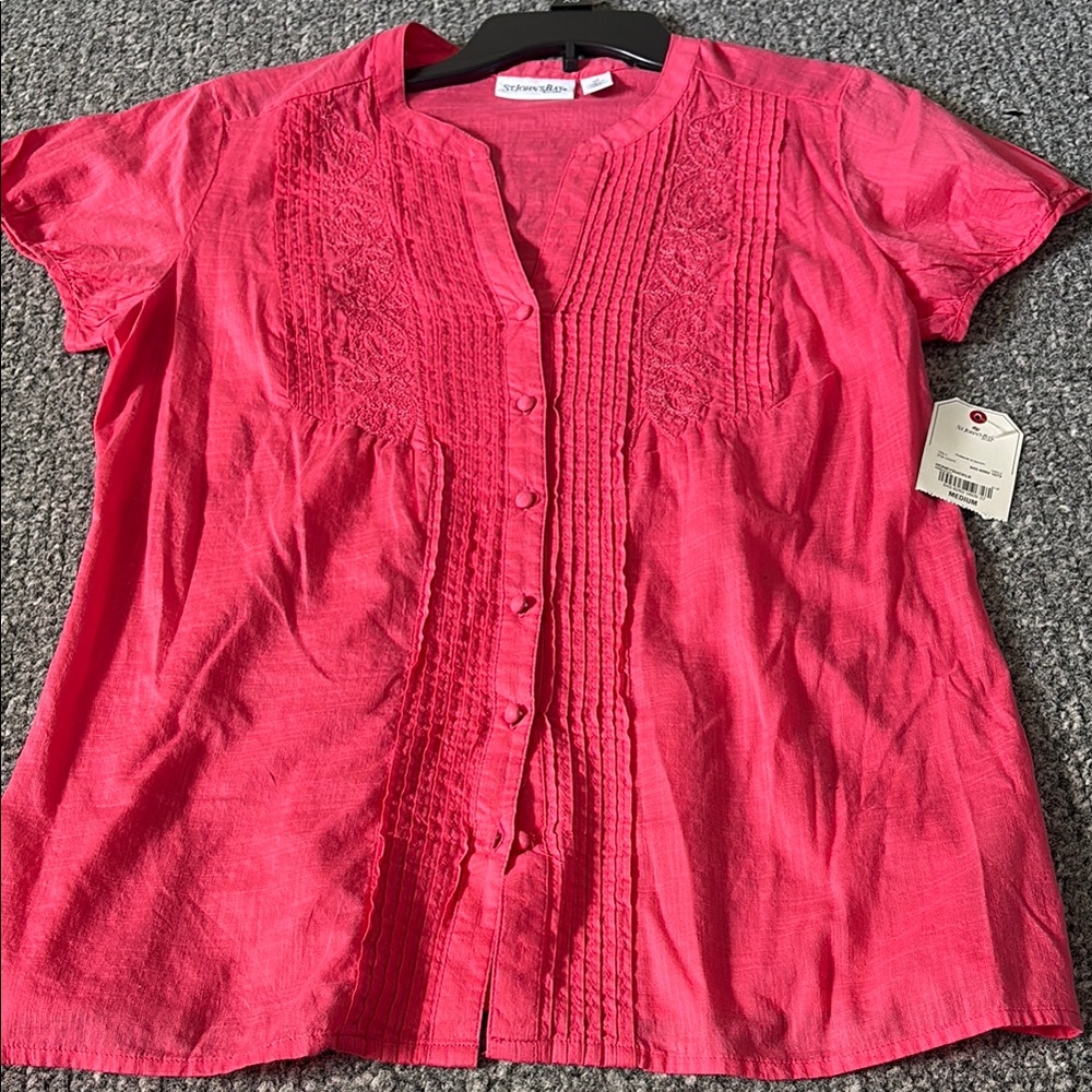 St. John's Bay Pink Mandarin Collar Blouse with Pleated and Embroidered Details
